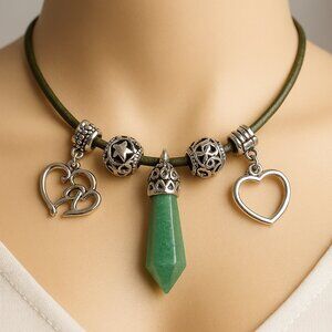 Silver Green Crystal Point Pendant Necklace w/ Charms & Beaded  Fashion Jewelry